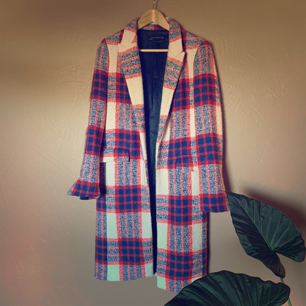 Zara plaid coat, oversized blue and red plaid